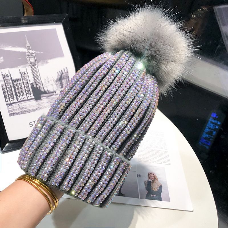 Autumn Winter Women Fashion Fur Ball Rhinestone Warm Knitted Wool Hat