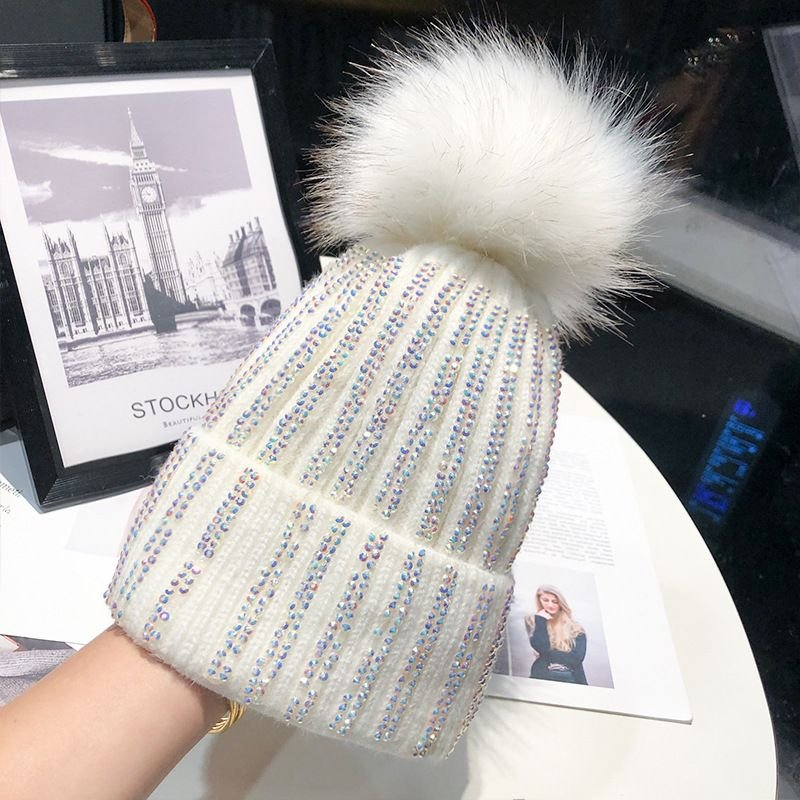 Autumn Winter Women Fashion Fur Ball Rhinestone Warm Knitted Wool Hat