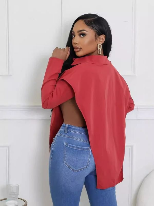 Women Fashion Sexy V-Neck Long Sleeve Show Waist Shirt