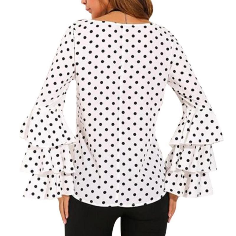 S-5XL Women Casual Polka Dot Print Round Collar Chiffon Blouse