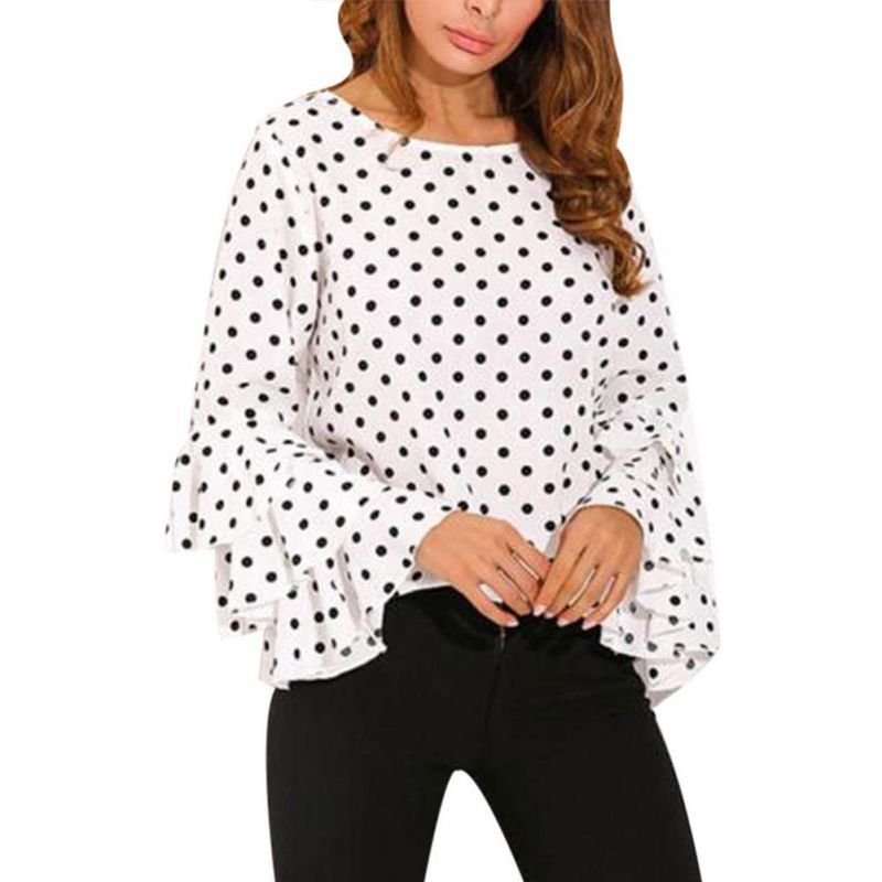 S-5XL Women Casual Polka Dot Print Round Collar Chiffon Blouse