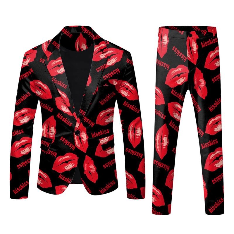 Men Fashion Casual Valentine Party Letter Heart Shape 3D Print Long Sleeve Lapel Suit Trousers Set