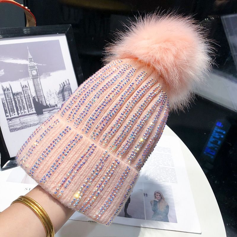 Autumn Winter Women Fashion Fur Ball Rhinestone Warm Knitted Wool Hat