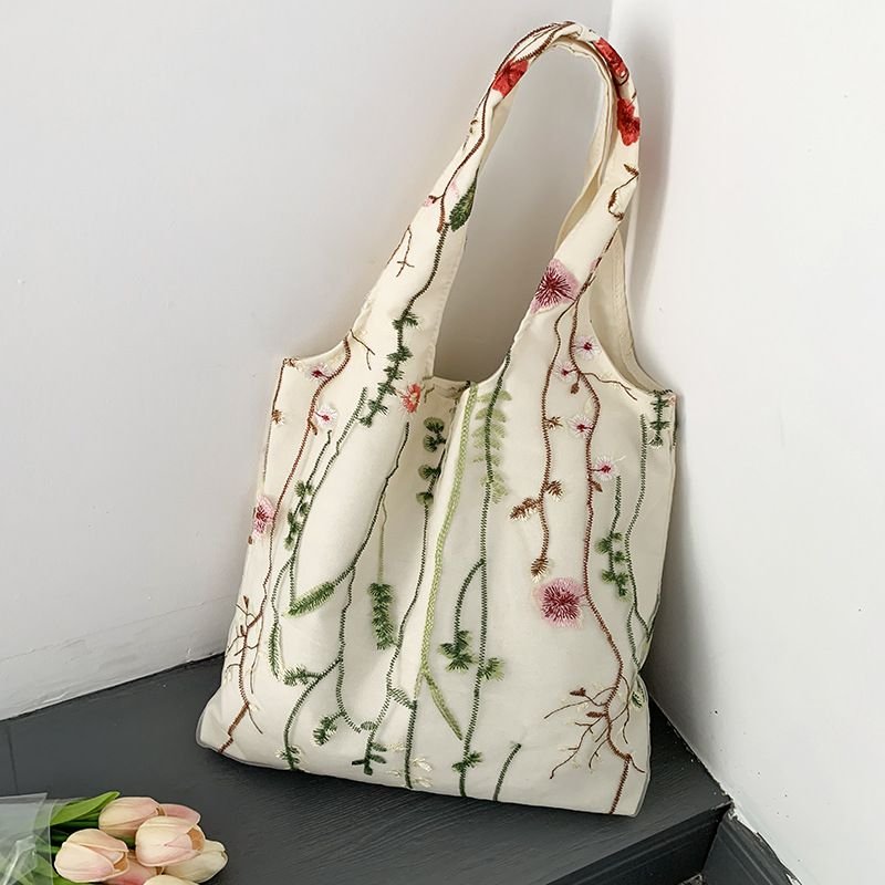 Women Fashion Creative Embroidered Black Butterfly Lace Large Capacity Canvas Tote Bag