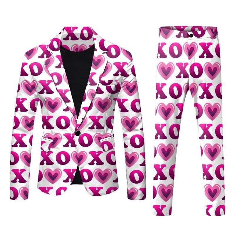 Men Fashion Casual Valentine Party Letter Heart Shape 3D Print Long Sleeve Lapel Suit Trousers Set