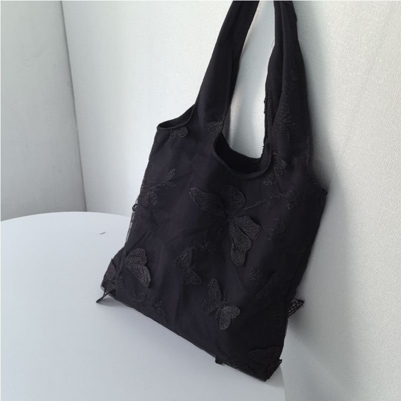 Women Fashion Creative Embroidered Black Butterfly Lace Large Capacity Canvas Tote Bag