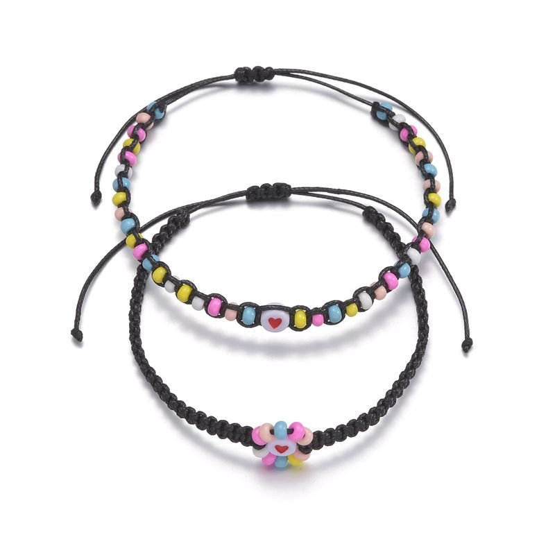 Women Fashion Resin Heart-Shaped Multicolor Beads Waterproof Wax Thread Woven Anklet 2-Piece Set