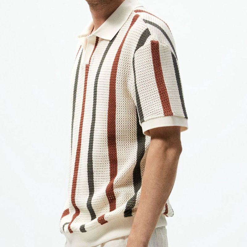Men Fashion Casual Basic Stripe Knitted Short Sleeve Lapel POLO Shirt