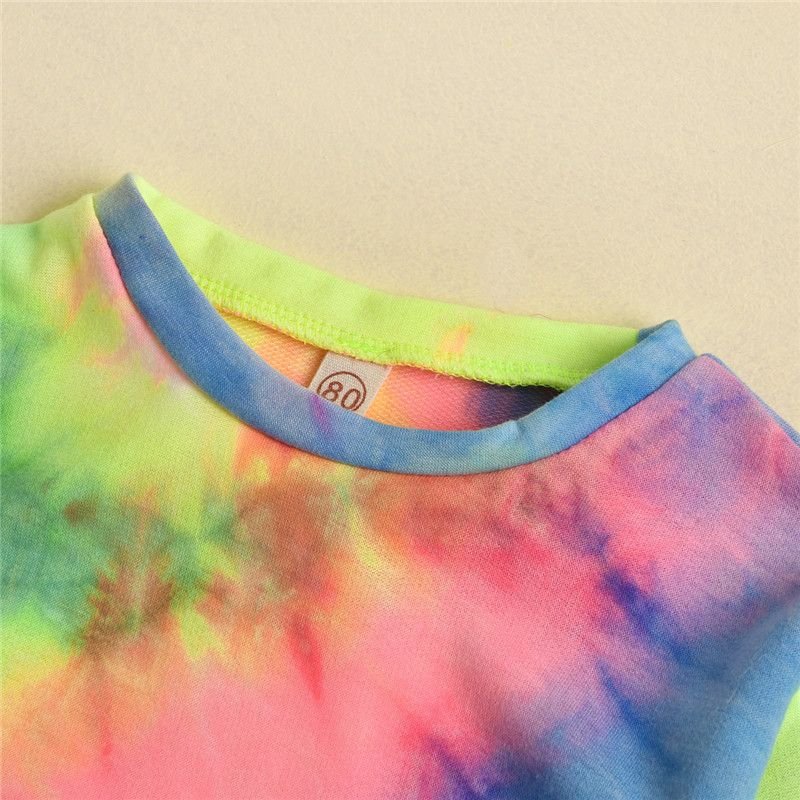Girl Round Neck Long Sleeve Tie Dye Tops And Ripped Jeans Set