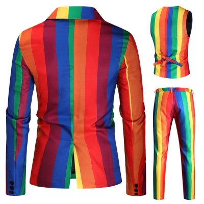 Men Fashion Casual Party Rainbow Stripe Plus Size Vest Long Sleeve Lapel Suit Trousers Three-Piece Set