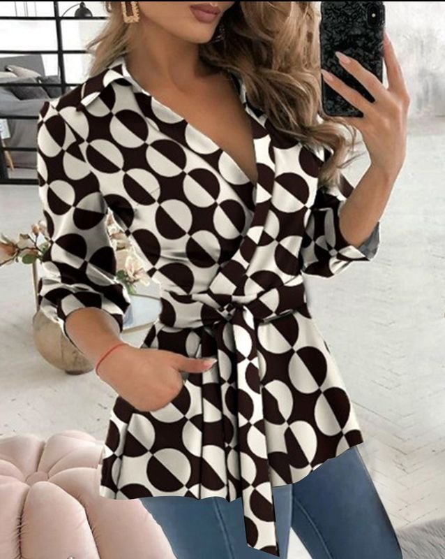 Women Fashion Geometric Diamond Butterfly Print V-Neck Long Sleeve Lace-Up Shirt