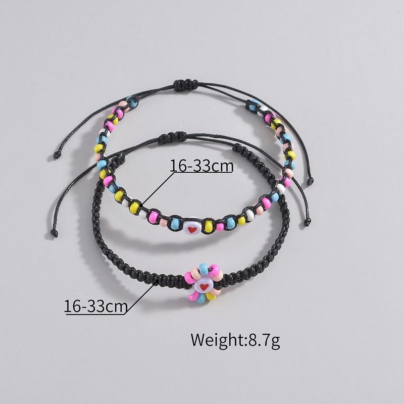 Women Fashion Resin Heart-Shaped Multicolor Beads Waterproof Wax Thread Woven Anklet 2-Piece Set