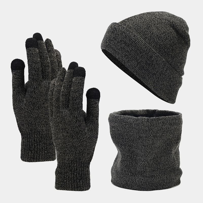 Autumn Winter Women Simple Fleece-Lined Warm Knitted Hat Scarf Gloves Three-Piece Set
