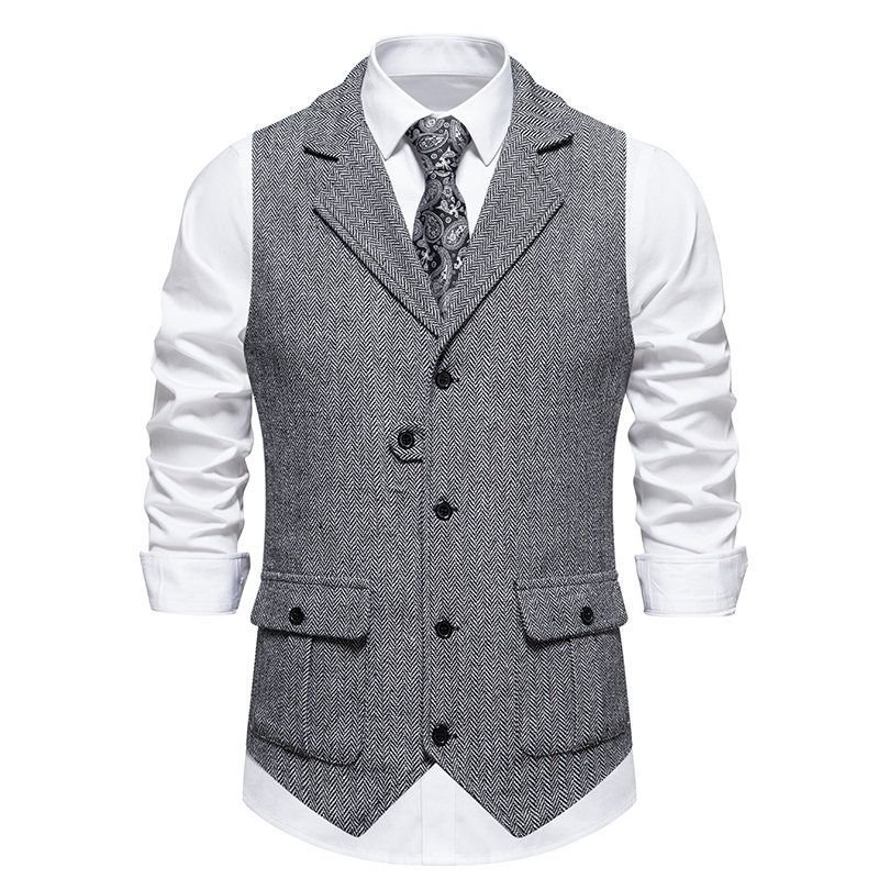 Men Fashion Casual Business British Style Solid Color Sleeveless Lapel Vest