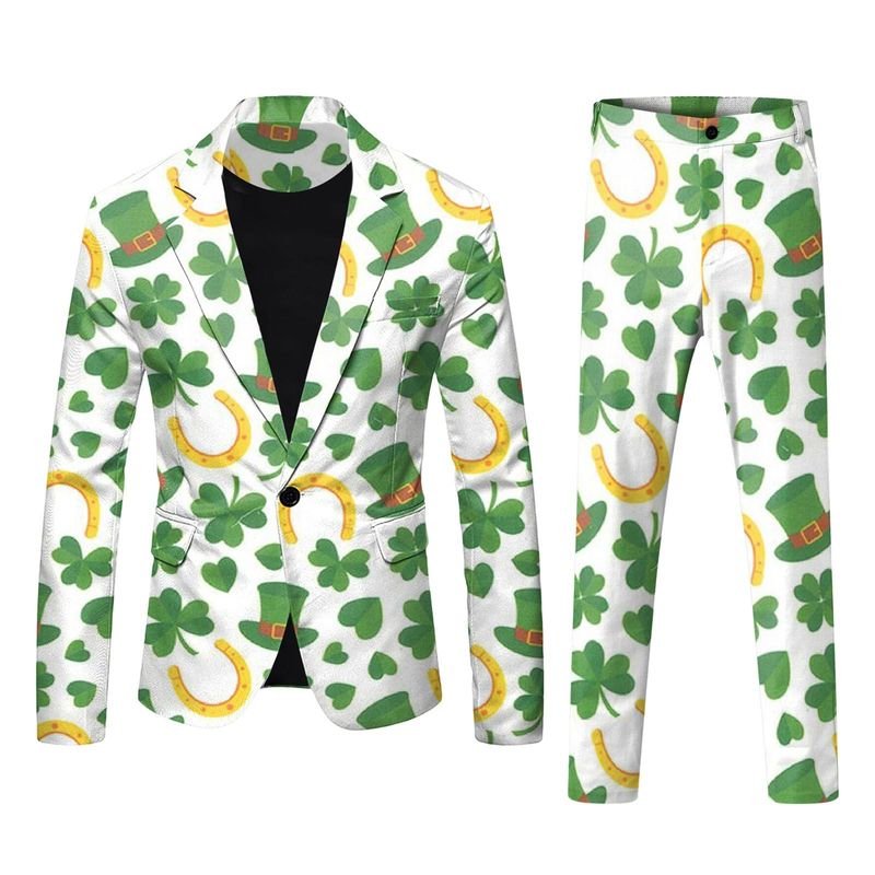 Men Fashion Casual Party St. Patrick Day 3D Print Long Sleeve Lapel Suit Trousers Set