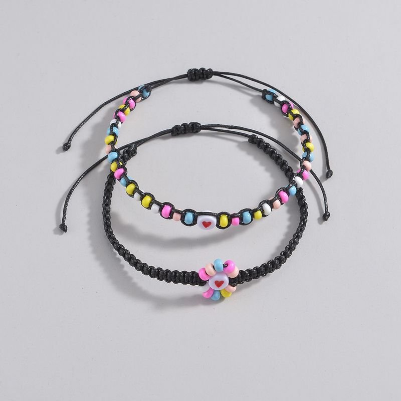 Women Fashion Resin Heart-Shaped Multicolor Beads Waterproof Wax Thread Woven Anklet 2-Piece Set