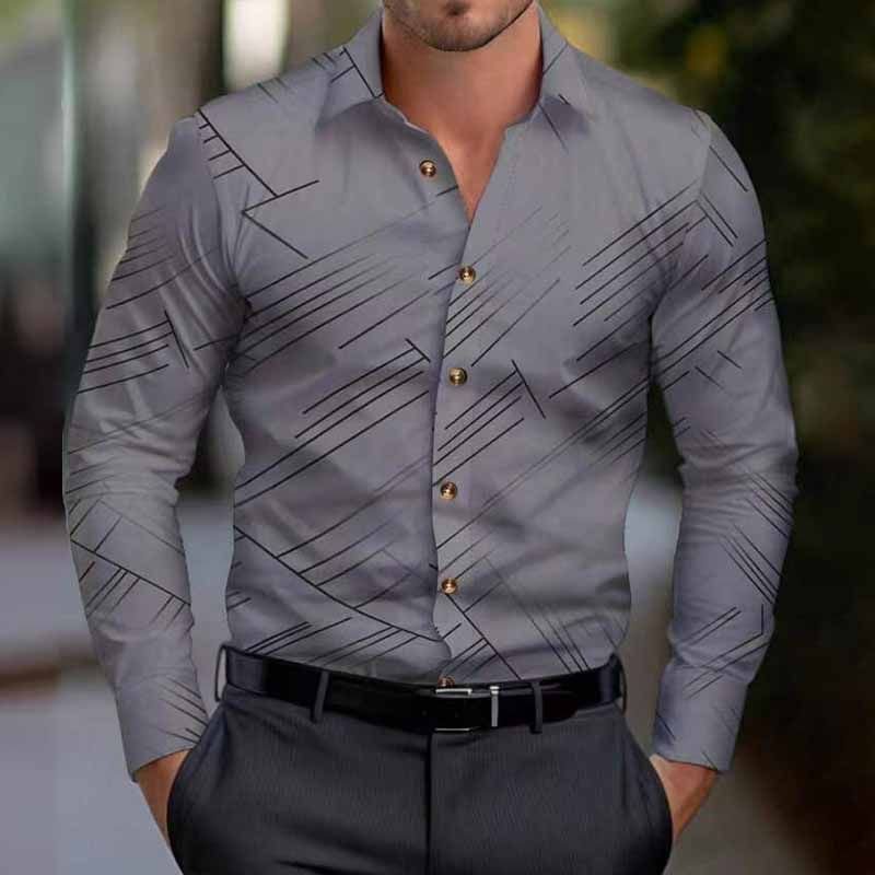 Men Fashion Casual Business Stripe Print Plus Size Long Sleeve Lapel Shirt