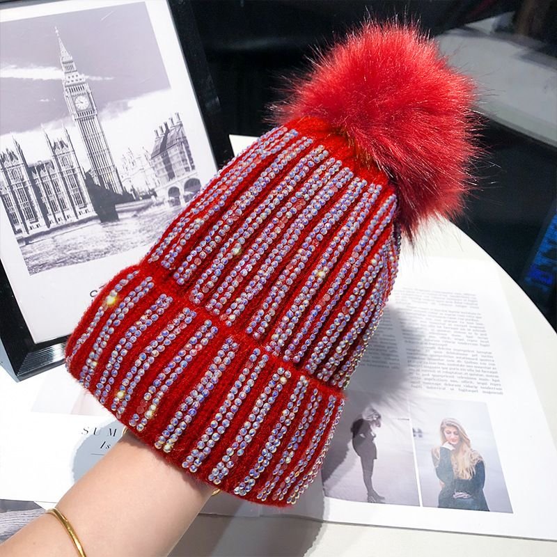 Autumn Winter Women Fashion Fur Ball Rhinestone Warm Knitted Wool Hat
