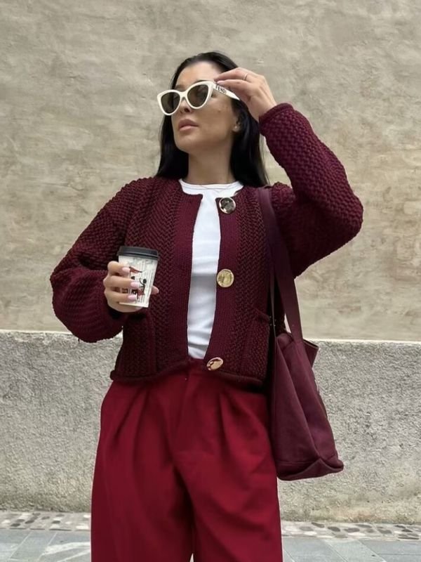 Autumn Winter Women Fashion Round Neck Hollow Long Sleeve Knitted Sweater Coat