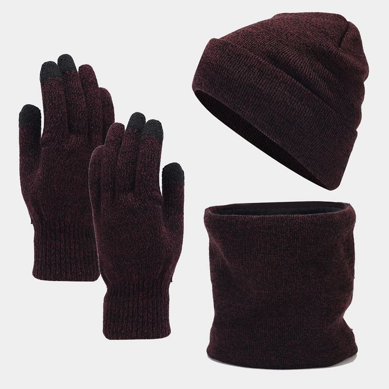 Autumn Winter Women Simple Fleece-Lined Warm Knitted Hat Scarf Gloves Three-Piece Set