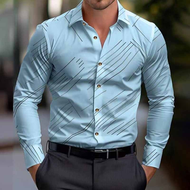 Men Fashion Casual Business Stripe Print Plus Size Long Sleeve Lapel Shirt