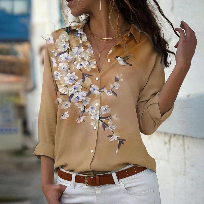 Women Fashion Loose Floral Print Lel Long Sleeve Shirt