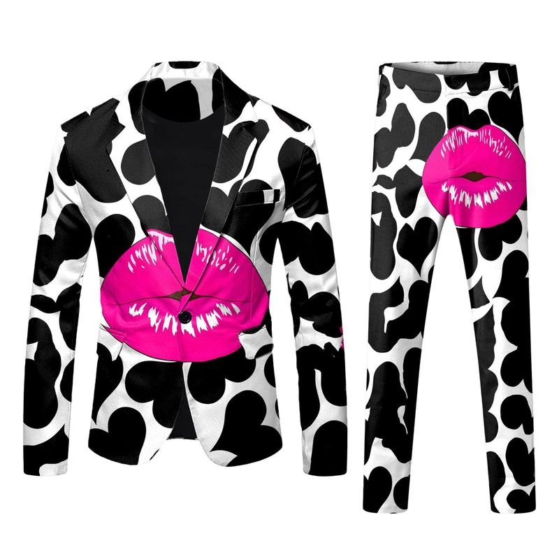 Men Fashion Casual Valentine Party Letter Heart Shape 3D Print Long Sleeve Lapel Suit Trousers Set