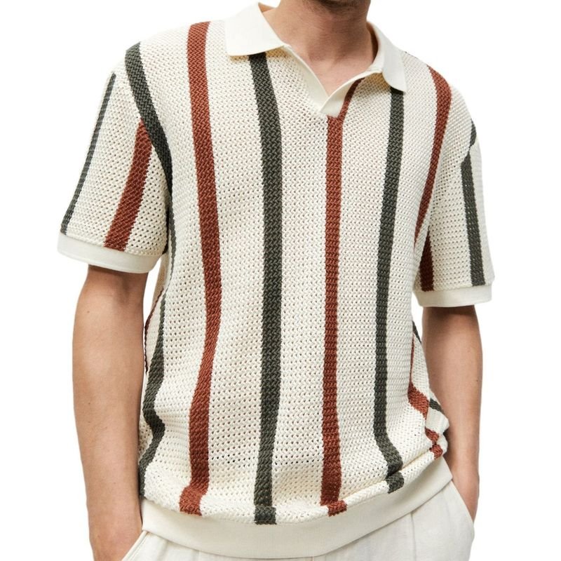 Men Fashion Casual Basic Stripe Knitted Short Sleeve Lapel POLO Shirt