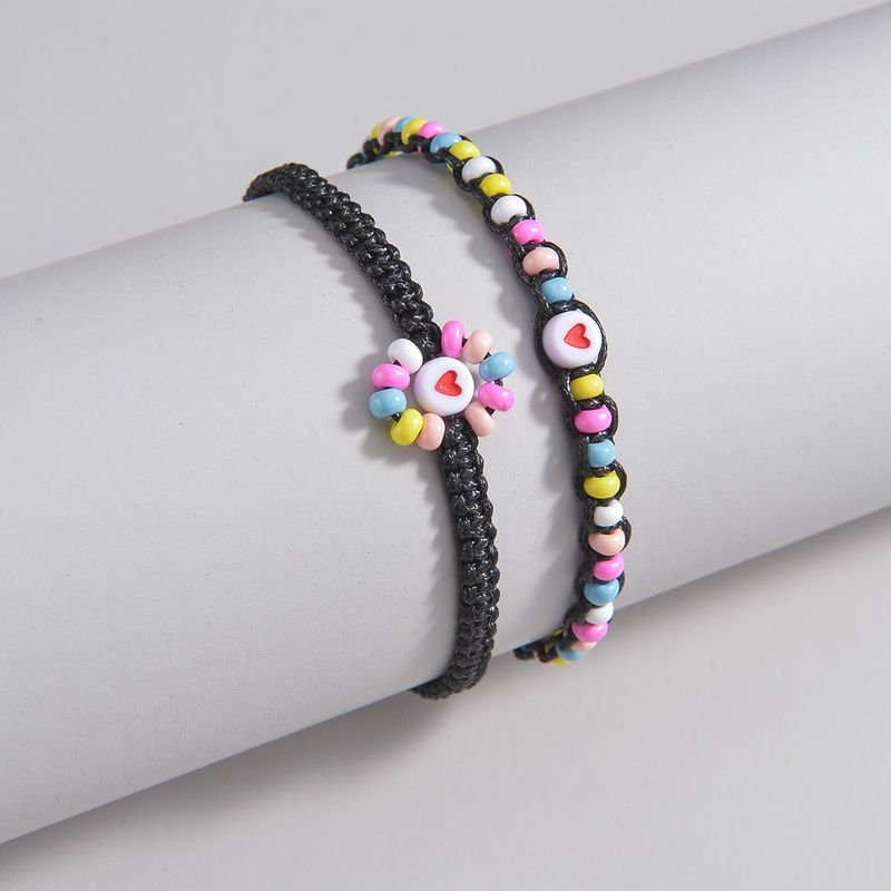 Women Fashion Resin Heart-Shaped Multicolor Beads Waterproof Wax Thread Woven Anklet 2-Piece Set