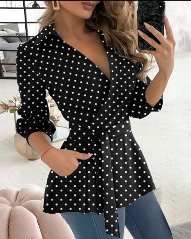 Women Fashion Geometric Diamond Butterfly Print V-Neck Long Sleeve Lace-Up Shirt