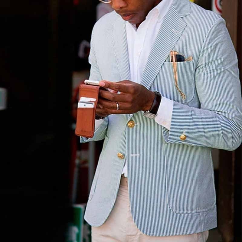 Men Fashion Casual Party Stripe Plaid Long Sleeve Lapel Suit