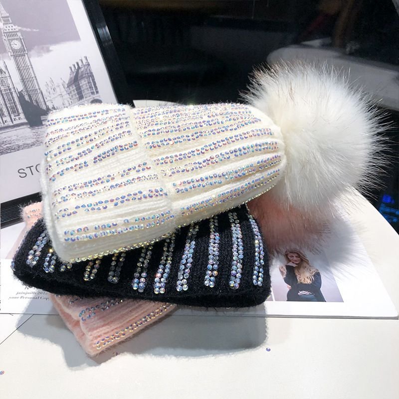 Autumn Winter Women Fashion Fur Ball Rhinestone Warm Knitted Wool Hat