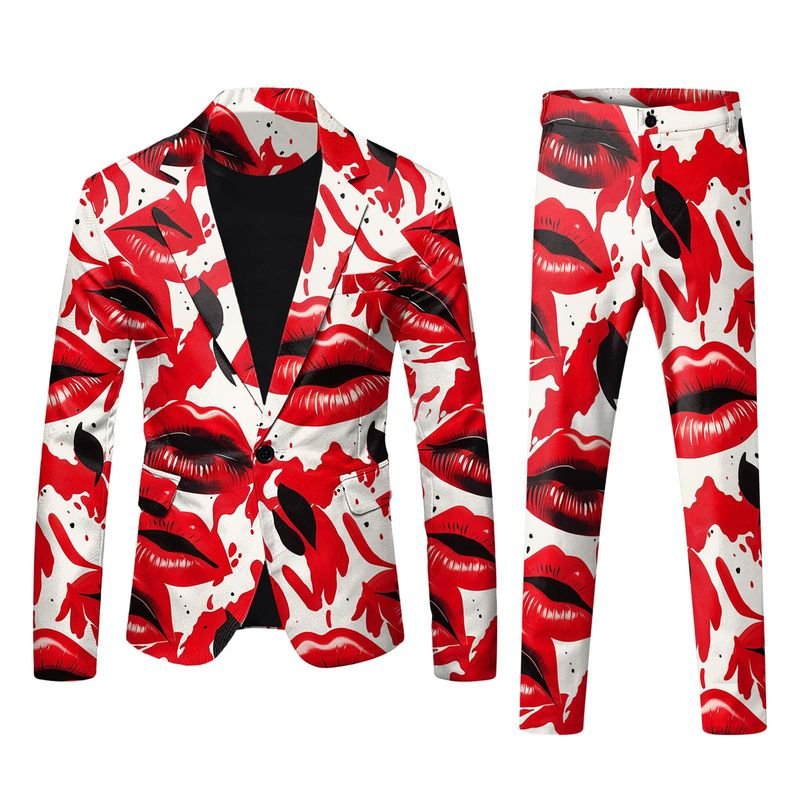 Men Fashion Casual Valentine Party Letter Heart Shape 3D Print Long Sleeve Lapel Suit Trousers Set