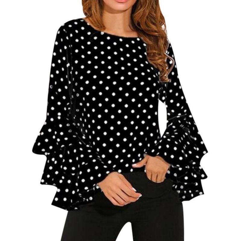 S-5XL Women Casual Polka Dot Print Round Collar Chiffon Blouse
