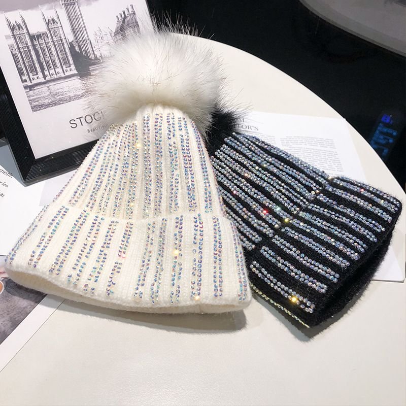 Autumn Winter Women Fashion Fur Ball Rhinestone Warm Knitted Wool Hat