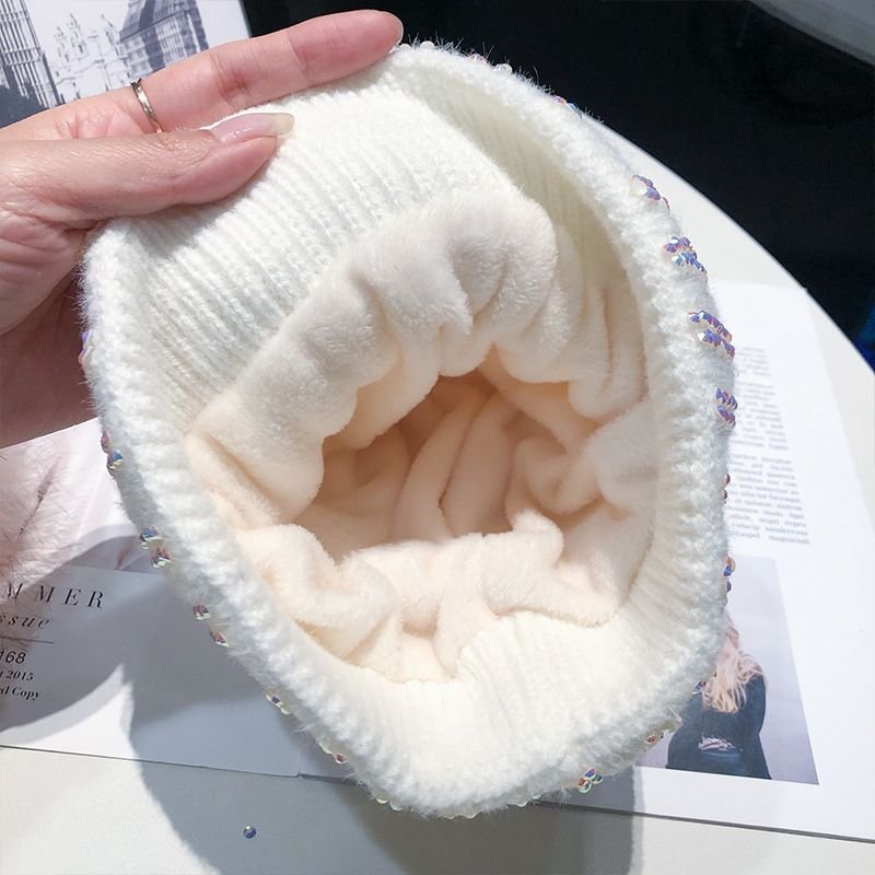 Autumn Winter Women Fashion Fur Ball Rhinestone Warm Knitted Wool Hat
