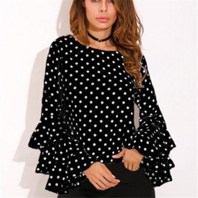 S-5XL Women Casual Polka Dot Print Round Collar Chiffon Blouse
