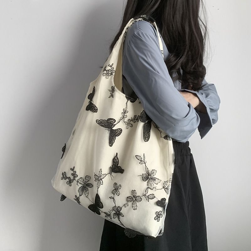 Women Fashion Creative Embroidered Black Butterfly Lace Large Capacity Canvas Tote Bag