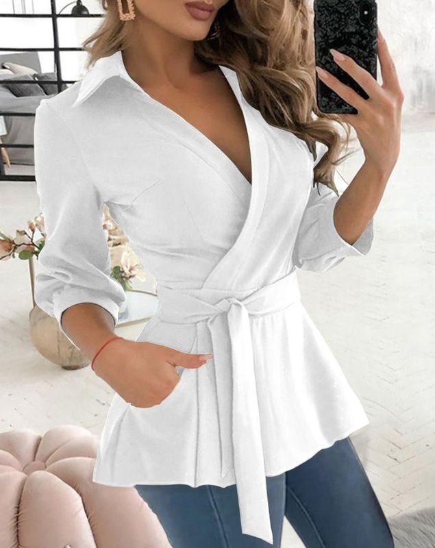Women Fashion Geometric Diamond Butterfly Print V-Neck Long Sleeve Lace-Up Shirt