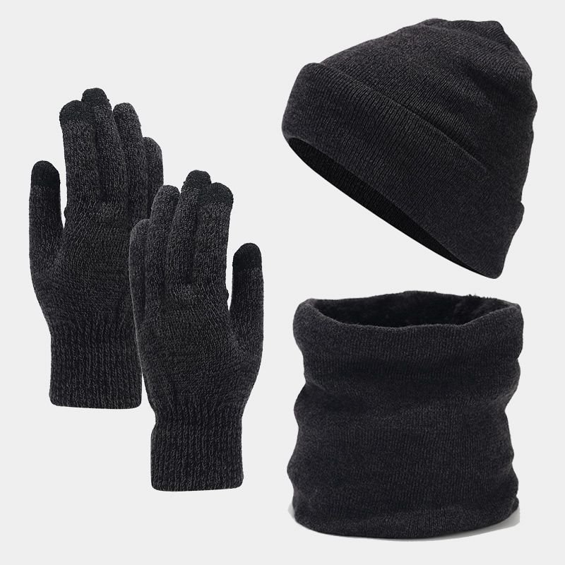 Autumn Winter Women Simple Fleece-Lined Warm Knitted Hat Scarf Gloves Three-Piece Set