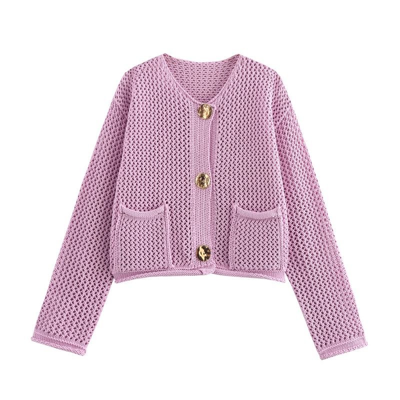 Autumn Winter Women Fashion Round Neck Hollow Long Sleeve Knitted Sweater Coat