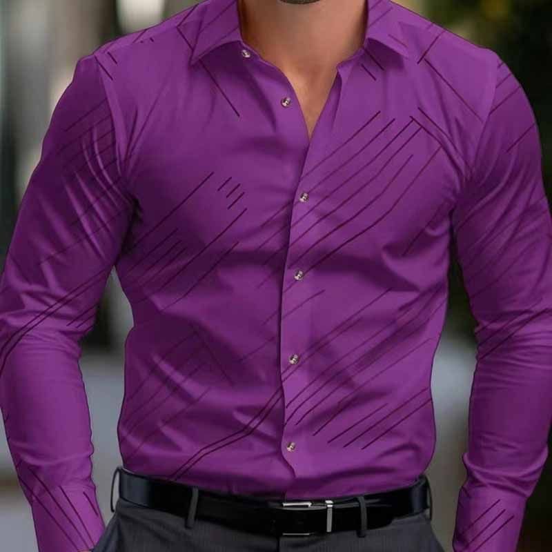 Men Fashion Casual Business Stripe Print Plus Size Long Sleeve Lapel Shirt