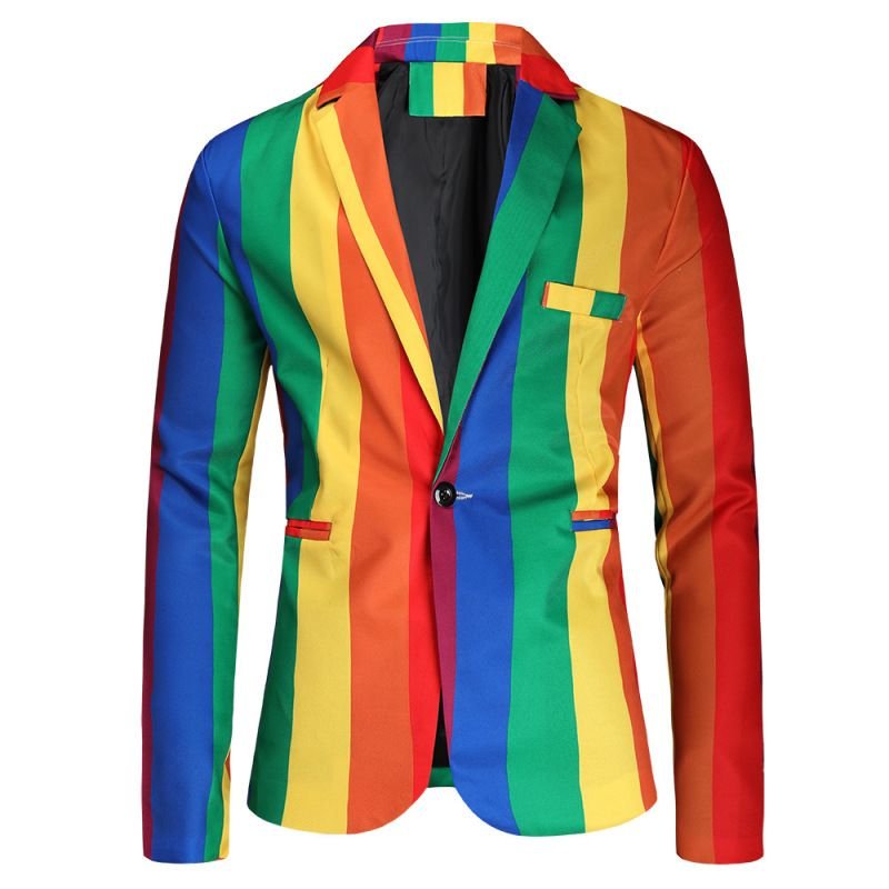 Men Fashion Casual Party Rainbow Stripe Plus Size Vest Long Sleeve Lapel Suit Trousers Three-Piece Set