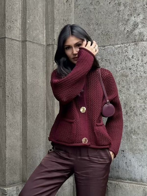 Autumn Winter Women Fashion Round Neck Hollow Long Sleeve Knitted Sweater Coat