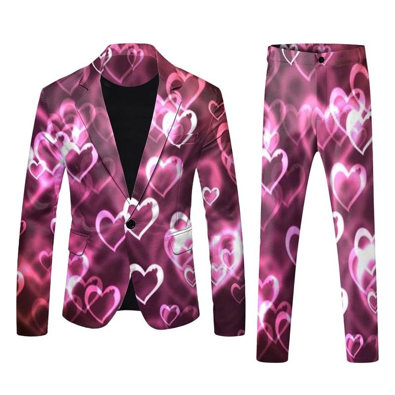 Men Fashion Casual Valentine Party Letter Heart Shape 3D Print Long Sleeve Lapel Suit Trousers Set