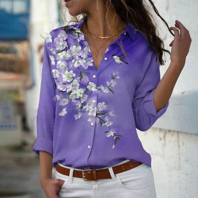 Women Fashion Loose Floral Print Lel Long Sleeve Shirt