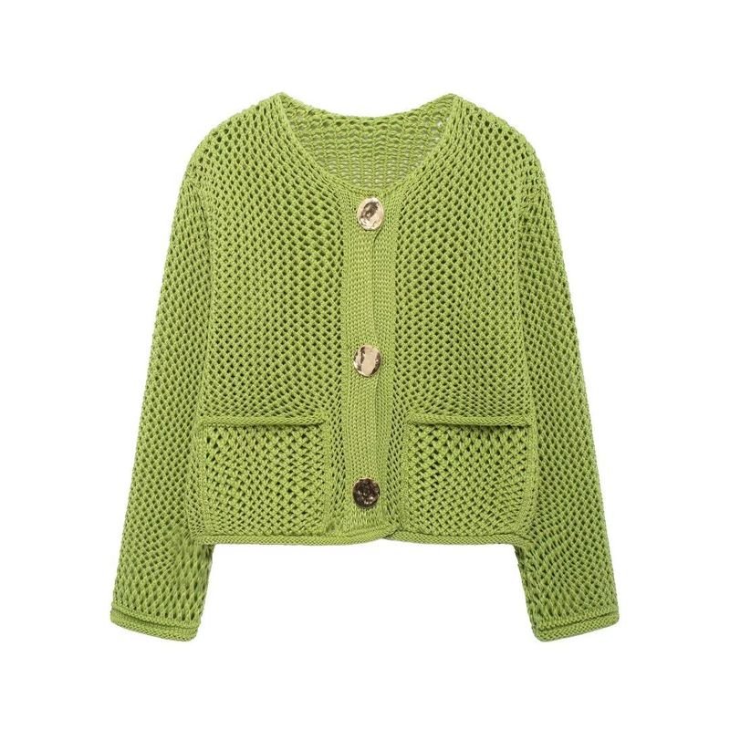 Autumn Winter Women Fashion Round Neck Hollow Long Sleeve Knitted Sweater Coat