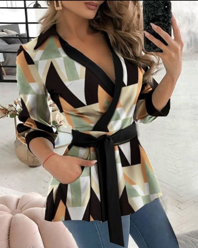 Women Fashion Geometric Diamond Butterfly Print V-Neck Long Sleeve Lace-Up Shirt