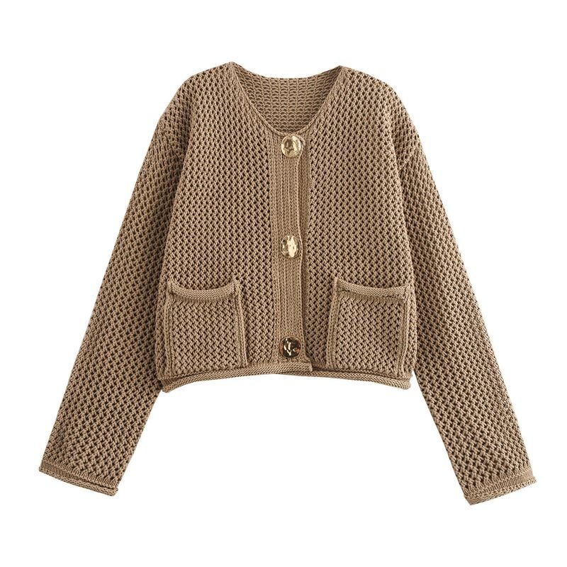 Autumn Winter Women Fashion Round Neck Hollow Long Sleeve Knitted Sweater Coat