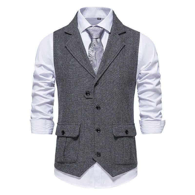 Men Fashion Casual Business British Style Solid Color Sleeveless Lapel Vest